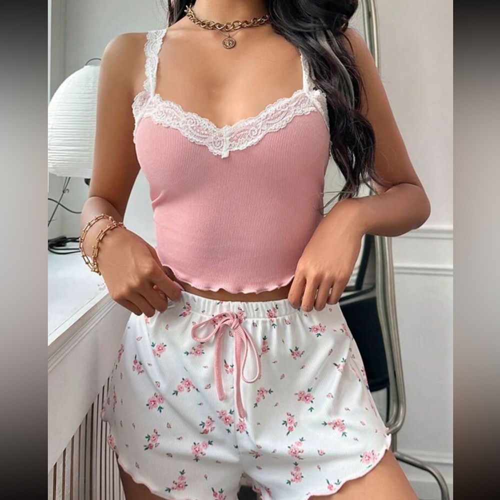 Floral Print Lace Trim Bow Front PJ Set - Picture 3 of 4